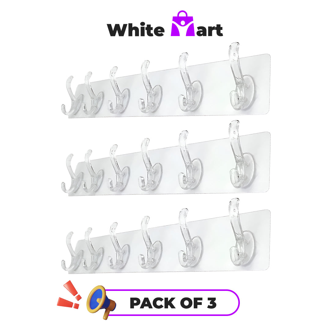 Transparent Wall Adhesive Hooks Row - Pack of 3